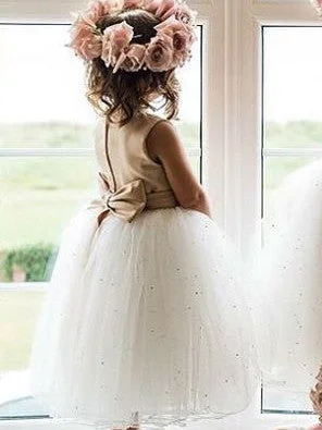 Flower Girl Dresses Cute Long Tea-length Bowknot Tulle JKF020 Tulle Dress Puff