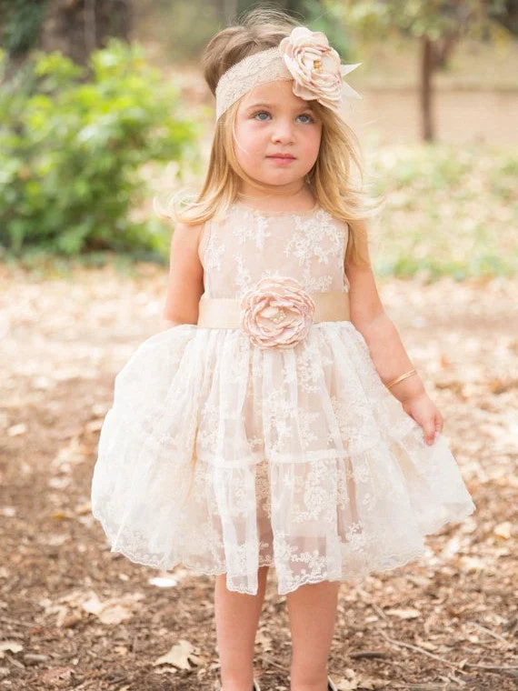 Flower Girl Dresses Knee-length Hand-Made Flower Scoop Tulle JKF021 Stylish Tulle Gown