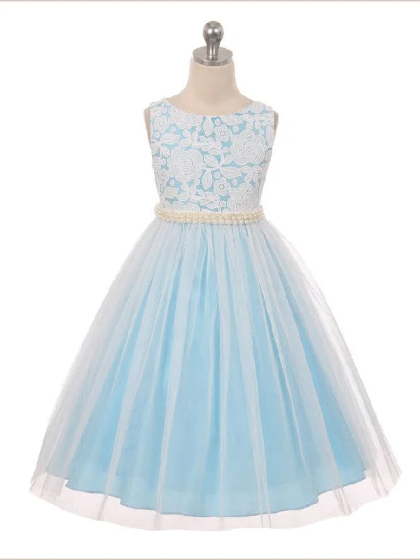 Flower Girl Dresses Long White and Blue Lace Scoop Tulle JKF022 Tulle Midi Dress