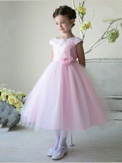 Flower Girl Dresses Tea-length Ribbons Belt Pink Tulle And Satin JKF031 Tulle Dress Trendy