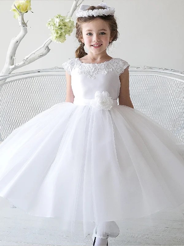 Flower Girl Dresses Tea-length Ribbons Belt White Tulle And Satin JKF032 Tulle Party Dress