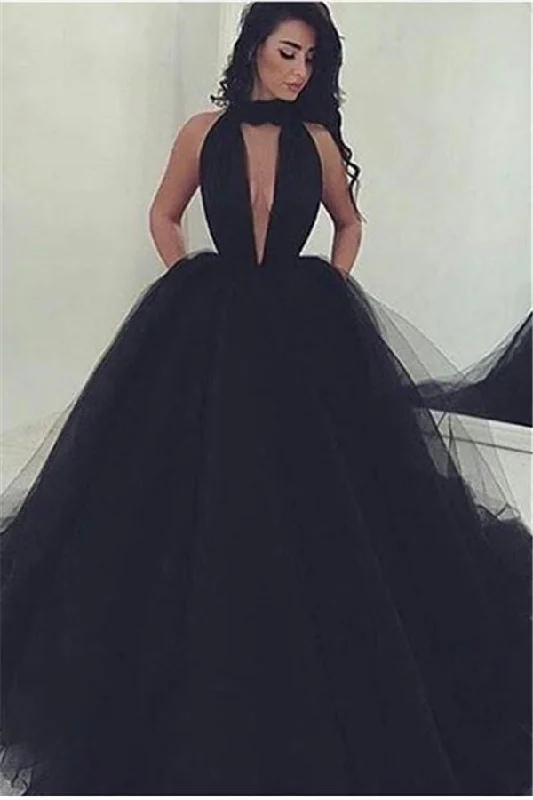 Amazing Black V-Neck Tulle Ball-Gown Prom Party Gowns Sequin Tulle Dress