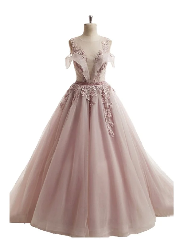 Ball Gown Prom Dresses Scoop Brush Train Appliques Fairy Dress Tulle Prom Dress JKL738 Sweet Tulle Dress