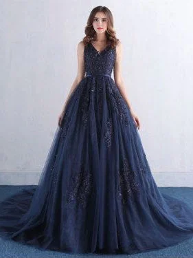 Ball Gown Prom Dresses Straps Sweep Train Dark Navy Appliques Tulle Long Prom Dress JKL715 Tulle Dress Glam