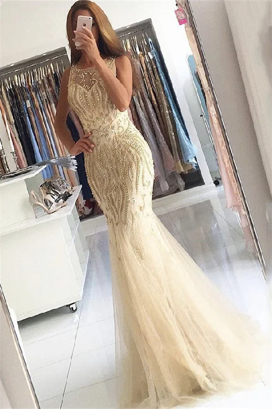 Beaded Crystals Mermaid Tulle Chic Evening Gown Champagne Affordable Prom Party Gowns Tulle Dress Design