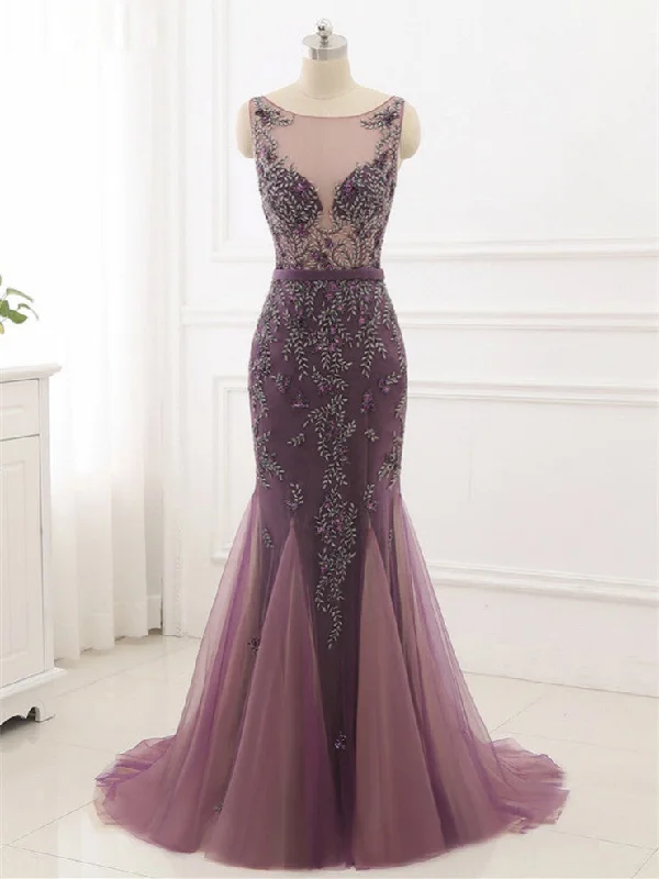 Beading Prom Dresses Scoop Mermaid Short Train Tulle Sparkly Long Chic Prom Dress JKL1228 Tulle Dress Layers