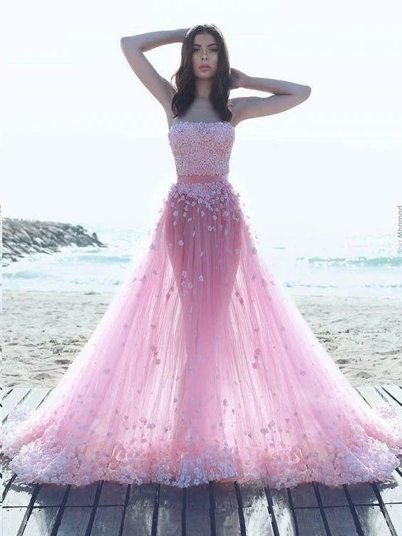 Beautiful Prom Dresses A-line Hand-Made Flower Pink Tulle Long Chic Prom Dress JKL1299 Long Sleeve Tulle