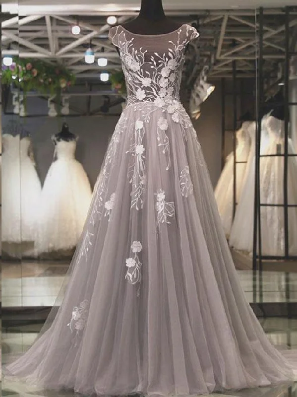 Beautiful Prom Dresses Scoop Lace Sweep Train Tulle Long Prom Dress JKL807 Tulle Dress Fluffy