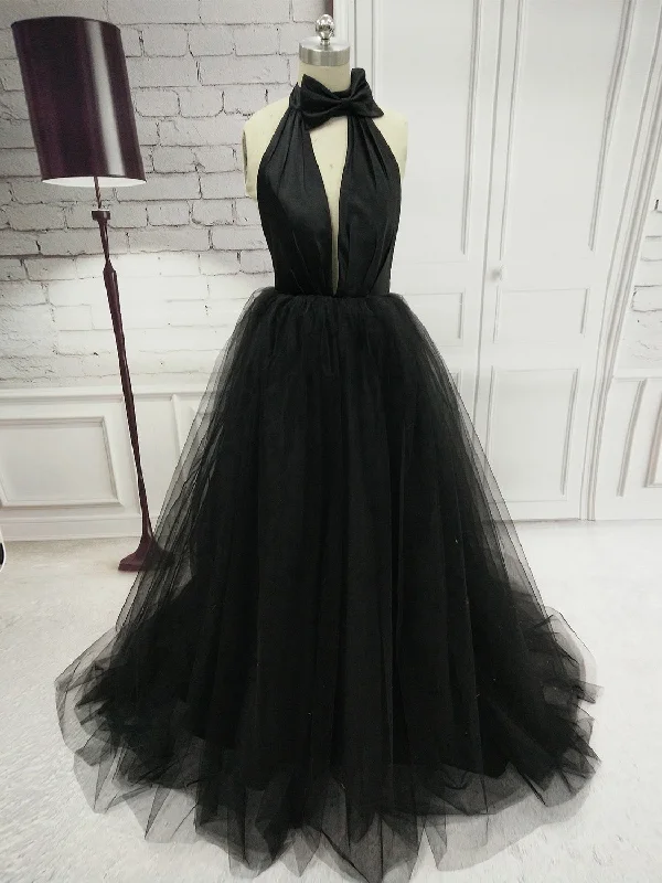 Black Prom Dresses Halter Backless Bowknot Tulle Sexy Prom Dress JKL747 Tulle Dress Formal