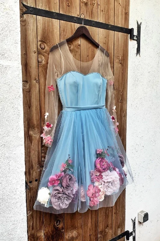 Blue V Neck 3D Appliques Tulle Short Prom Dress Long Sleeve Homecoming Dress JKT304 Tulle Dress Dazzle