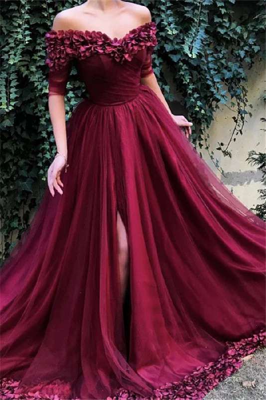 Burgundy A-line Off-the-Shoulder Tulle Flower Applique Prom Dresses Tulle Dress Style