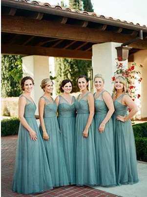 Cheap Long Bridesmaid Dresses Simple Tulle V-neck Romantic Bridesmaid Dresses JKB070 Casual Tulle Dress