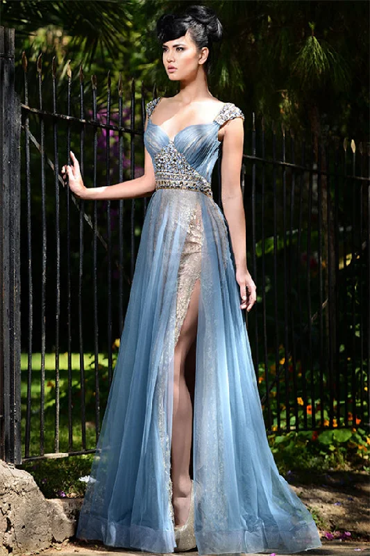 Chic Long Blue Formal Evening Dresses Tulle Crystal Chic Slit Prom Dresses Black Tulle Dress