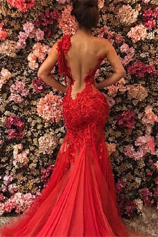 Chic One Shoulder Appliques Tulle Beading Mermaid Floor-Length Prom Dresses Ruffled Tulle Dress