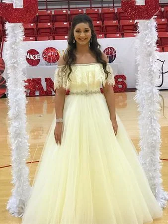 Chic Prom Dresses Aline Off-the-shoulder Lace Rhinestone Long Tulle Prom Dress JKL1354 Casual Tulle Dress