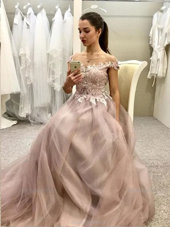 Chic Prom Dresses Bateau Aline Floor-length Appliques Long Tulle Prom Dress JKL1347 Boho Tulle Dress