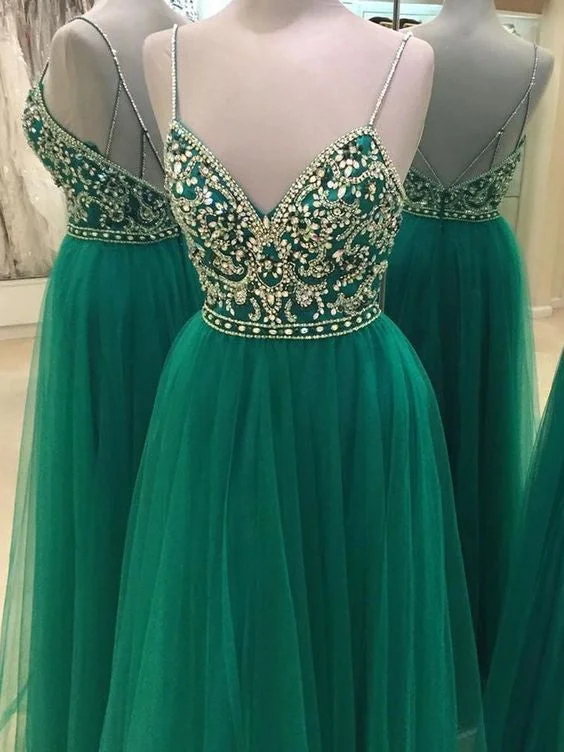 Chic Prom Dresses Spaghetti Straps A-line Rhinestone Long Tulle Prom Dress JKL763 Tulle Dress Occasion