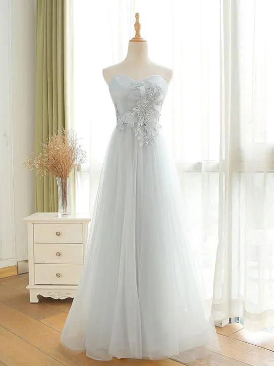 Chic Prom Dresses Sweetheart Floor-length Grey Tulle A Line Long Prom Dress JKL1114 Off-shoulder Tulle Dress