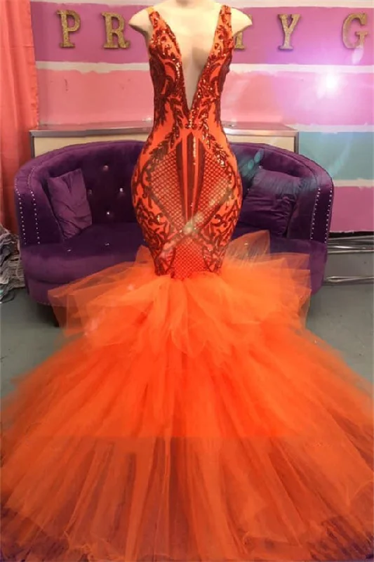 Chic Sleeveless Deep V-neck Tulle Puffy Train Orange Prom Party Gowns Chic Tulle Dress