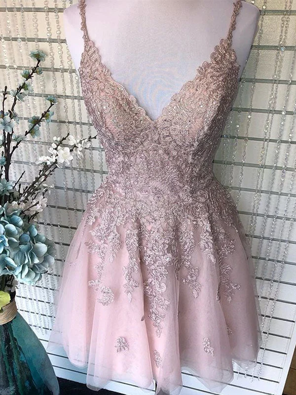 Dusty Blush Tulle Spaghetti Straps V-Neck A-Line Cute Homecoming Dress AN8804 Tulle Midi Dress