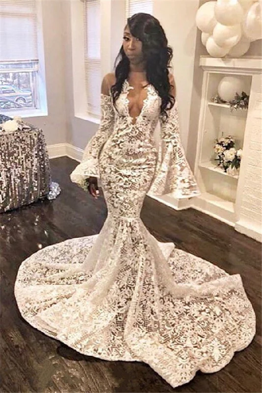 Elegant Fit and Flare Unique Lace Appliques Prom Dresses Long Sleeves Sheer Tulle Evening Gowns Tulle Party Gown