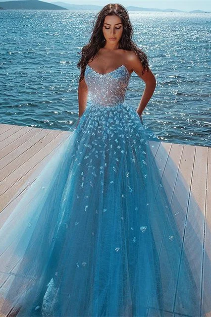 Elegant sky blue Butterfly Strapless Sweetheart Tulle Sparkle Prom Party Gowns Casual Tulle Gown