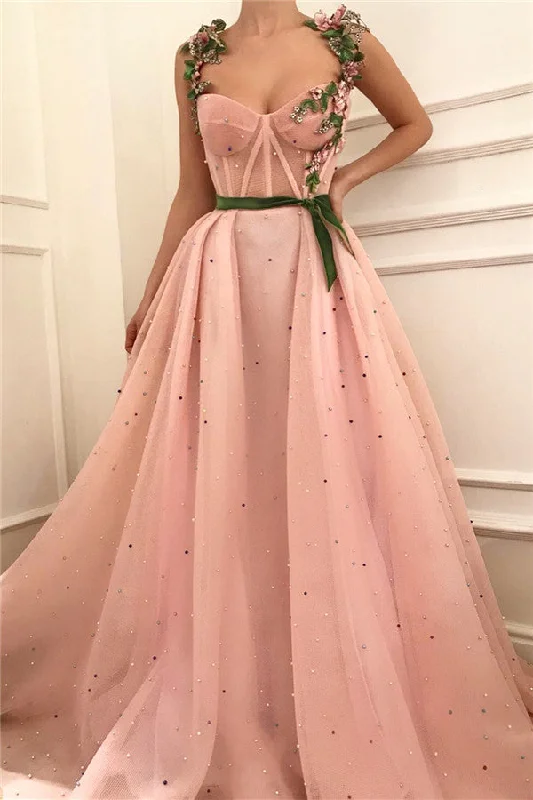 Exquisite Pink Tulle Burgundy See Through Bodice Sweetheart Sash Prom Dress with Pearls Tulle Dress Trend