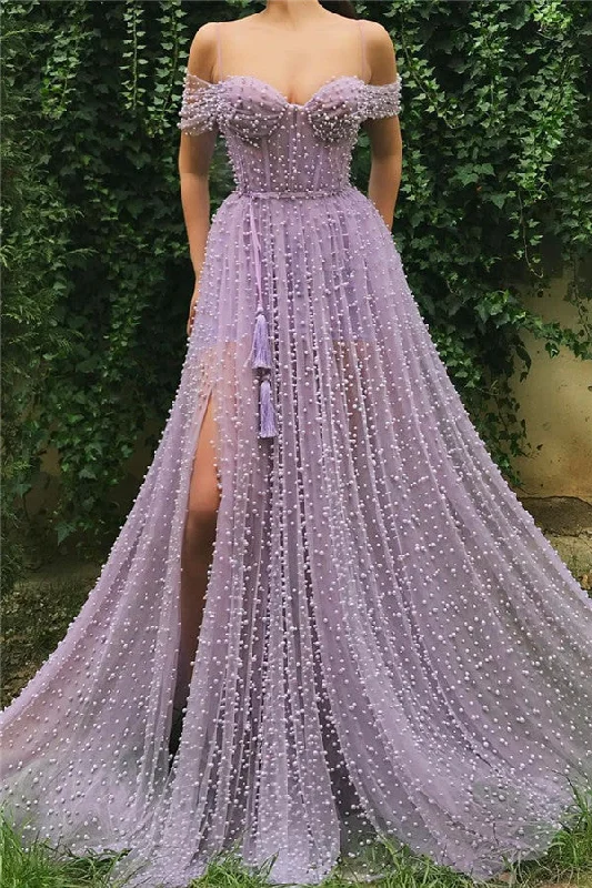 Exquisite Sweetheart Front Slit Long Affordable Tulle Pearls Off-the-Shoulder Prom Dress Tulle Skirt Dress