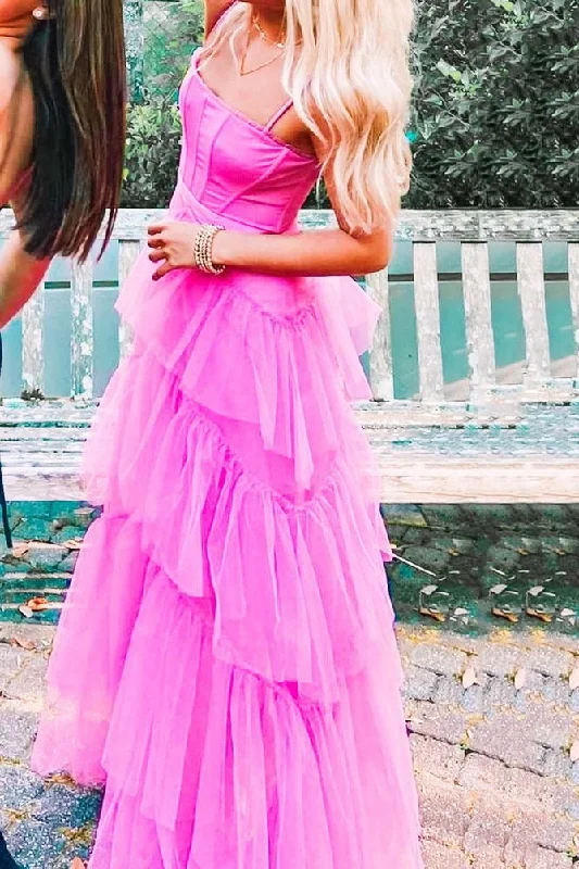 Fashion Hot Pink Layered Ruffles Evening Gown A Line Tulle Long Prom Dresses Tulle Dress Chic