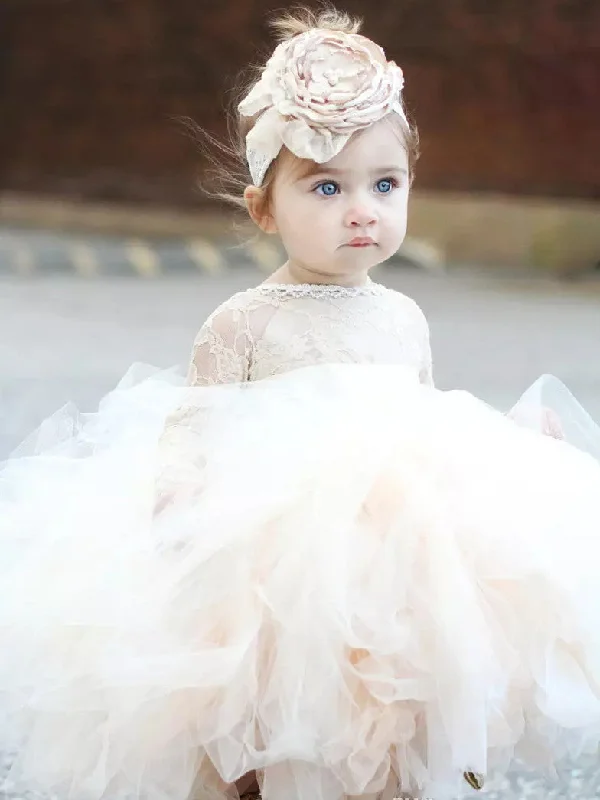 Flower Girl Dresses Ball Gown Tea-length Lace Ivory Tulle JKF036 Romantic Tulle Gown