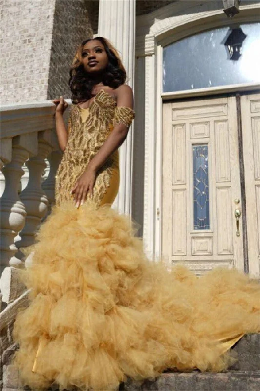 Gold Beads Appliques Fit and Flare Prom Dresses Off-the-Shoulder Tulle Ruffles Evening Gowns Tulle Dress Vibe