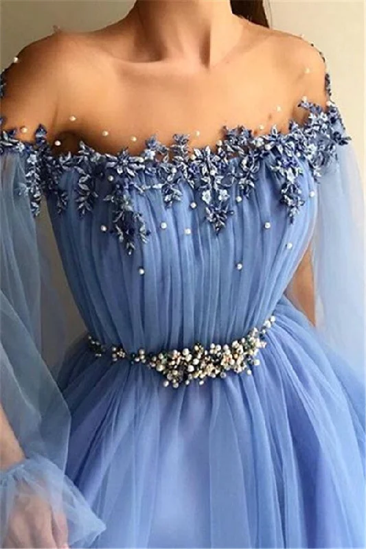 Gorgeous Off-The-Shoulder Appliques Tulle A-Line Prom Party Gowns Vintage Tulle Dress