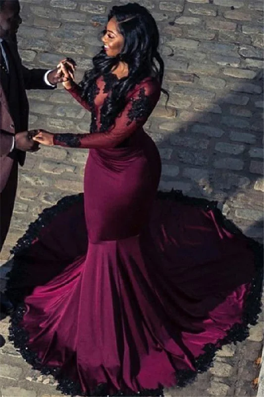 Gorgeous Scoop Long Sleevess Appliques Tulle Mermaid Floor-Length Prom Dresses Tulle Dress Fashion