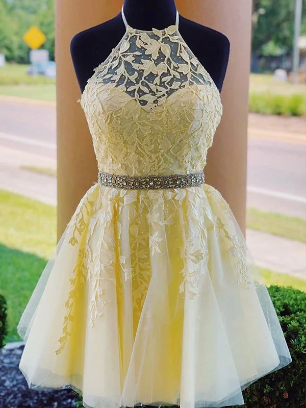 Halter Appliqued Beaded A-line Tulle Cute Homecoming Dress Short Prom Dress AN612 Tulle Dress Classic