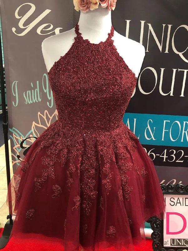 Halter Burgundy Tulle Appliques A-Line Cute Homecoming Dress AN8803 Classic Tulle Dress