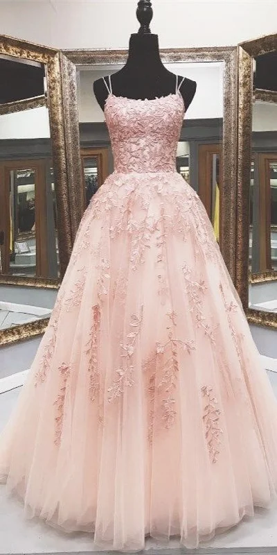 Lace Appliques Pink A LineTulle Long Prom Dresses With Straps Glitter Tulle Dress