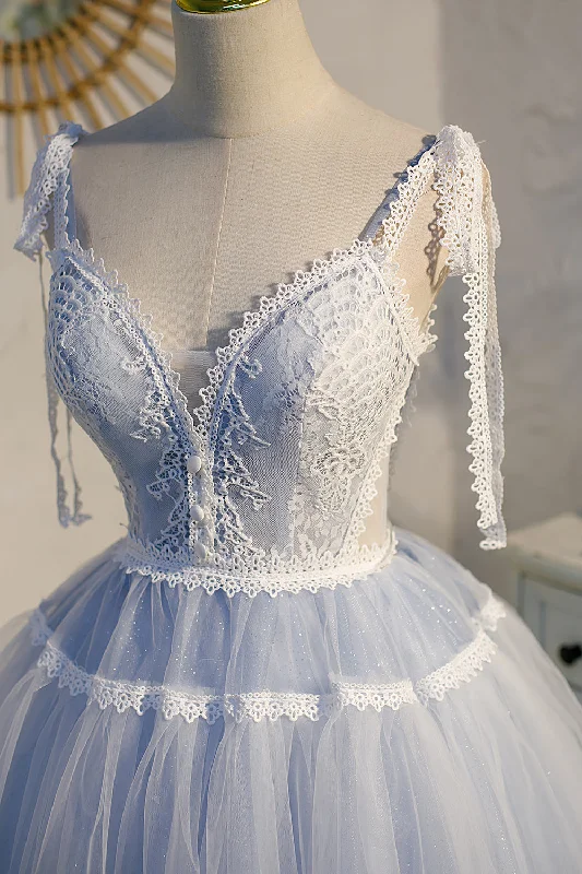 Light Blue Spaghetti Straps Lace Tulle Short Homecoming Dresses Pretty Tulle Dress