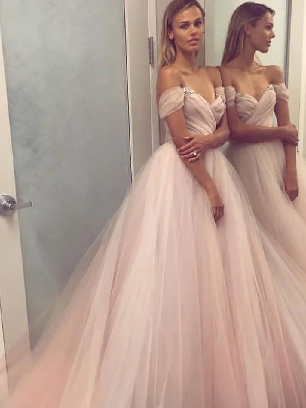 Long Prom Dresses Ball Gown Off-the-shoulder Ruffles Rhinestone Sexy Tulle Prom Dress JKL712 White Tulle Dress