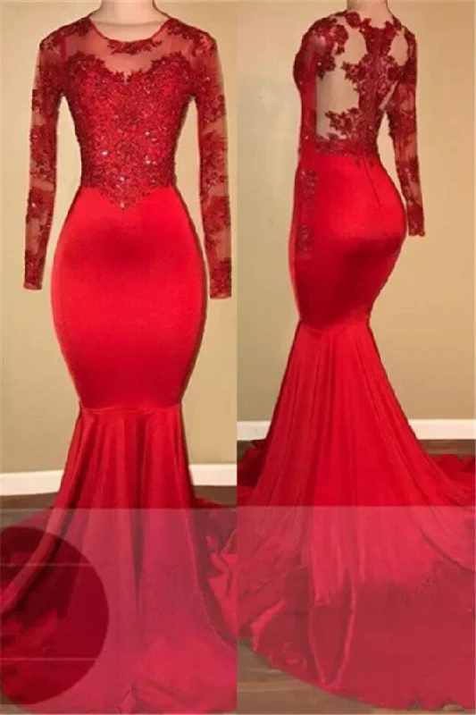 Long Sleeves Mermaid Lace Prom Dresses Red Sheer Tulle Evening Gown Soft Layered Tulle