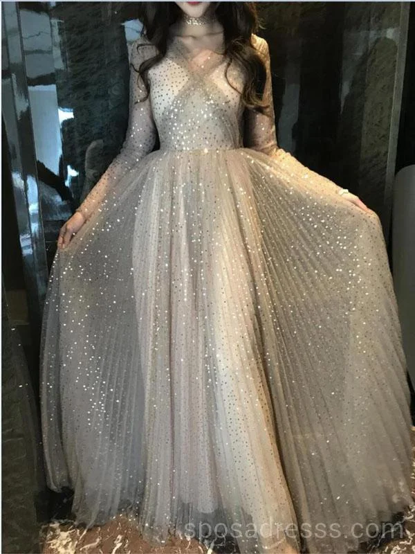 Long Sleeves Sparkly Tulle Long Evening Prom Dresses, Cheap Custom Sweet 16 Dresses, 18568 Soft Tulle Gown