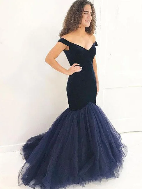 Mermaid Prom Dresses Off-the-shoulder Velvet Tulle Prom Dress Sexy Evening Dress JKL758 Tulle Dress Trendy