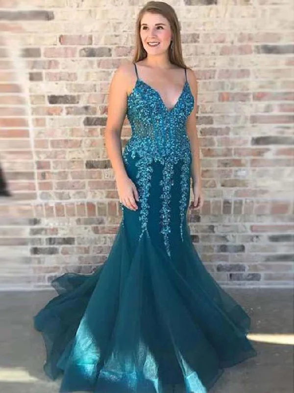 Mermaid Prom Dresses Spaghetti Straps Trumpet Long Tulle Prom Dress JKL836 Ruffled Tulle Gown