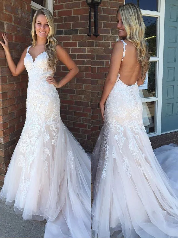 Mermaid Prom Dresses Straps Appliques Long Tulle Backless Prom Dress JKL948 Floor-length Tulle Dress