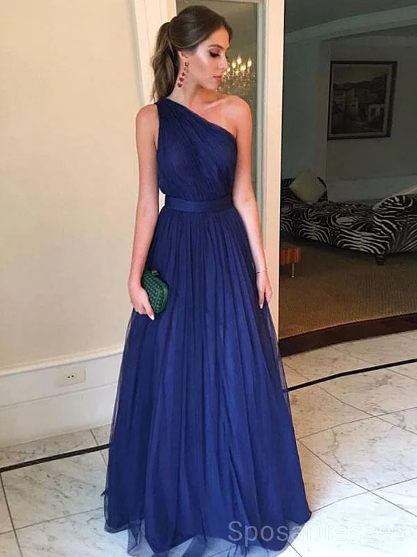 One Shoulder Navy Tulle Long Evening Prom Dresses, Cheap Custom Sweet 16 Dresses, 18456 Lace Tulle Dress