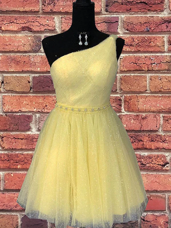 One Shoulder Yellow Chic Tulle Sparkly Homecoming Dress Cute Graduation Dress AN610 Tulle Dress Design