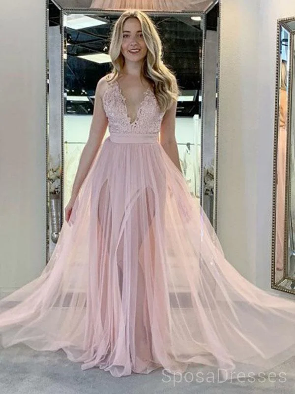 Pale Pink V Neck Side Slit Tulle Long Evening Prom Dresses, Cheap Custom Sweet 16 Dresses, 18479 Stylish Tulle Dress