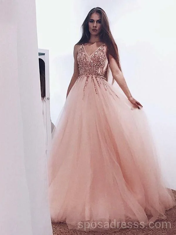 Peach Tulle Rose Gold Beaded Long Evening Prom Dresses, Cheap Custom Sweet 16 Dresses, 18547 Full Tulle Dress