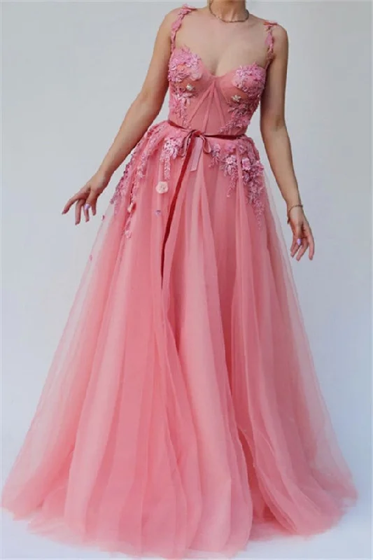 Pink Gorgeous A-line Spaghetti Tulle Flower Applique Prom Dresses Tulle Dress Set