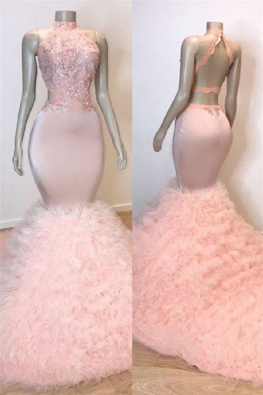 Pink Halter Sleeveless Mermaid Prom Dresses New Arrival Chic Open Back Lace Tulle Evening Gowns Tulle Dress Sparkle