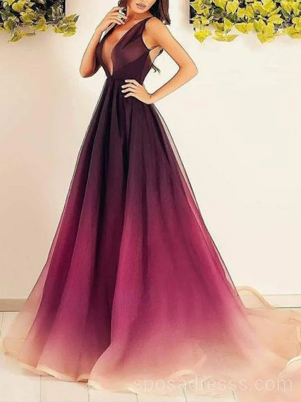 Sexy Backless Ombre Tulle A-line Long Evening Prom Dresses, Cheap Custom Sweet 16 Dresses, 18564 Tulle Dress Glamour